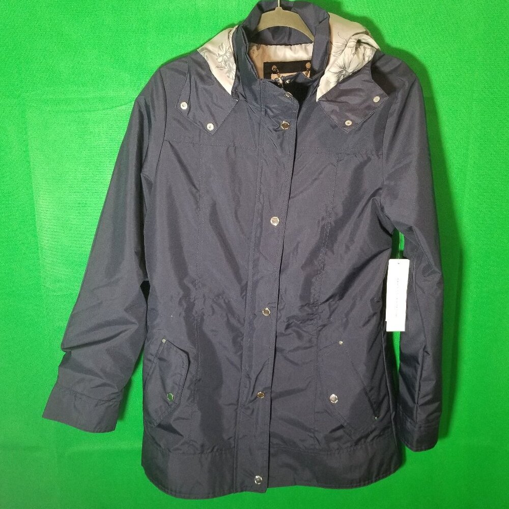 Nicole Miller New York Women Navy Med Rain Coat Slicker Anorak Windcheater NWT